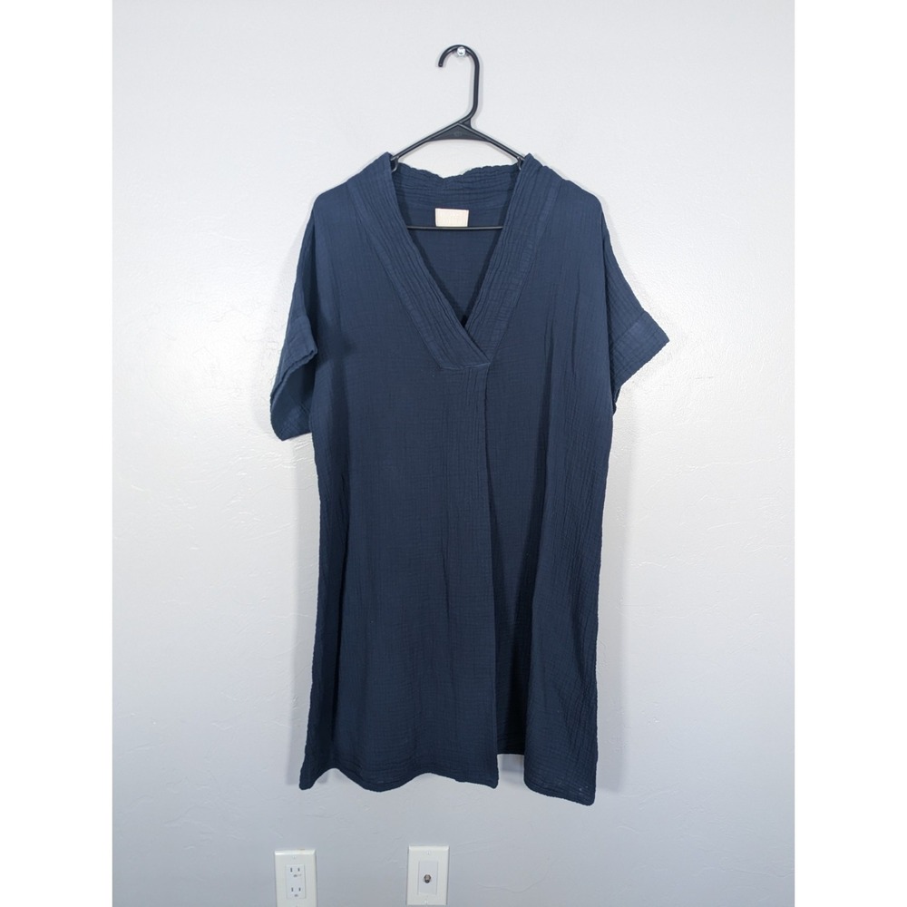 Honest Cotton Tulum Dress One Size Short Sleeve Cotton Gauze Navy Lagenlook